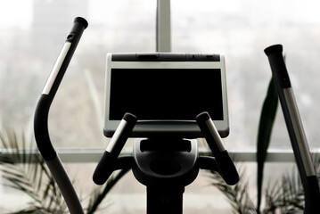 Trainer with black screen. Relax and technology concept. Sports exercise and healthcare theme....