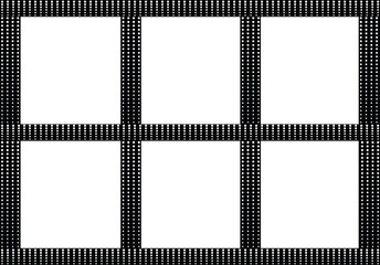 Black background with white tiny dots halftone pattern. Halftone pattern opposite background, rectangles dots shapes, geometrical regular windows with place for your text in vector and jpg format.