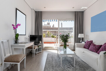 living room with three-seater sofa, white wooden furniture, tv on a table, gray carpet and access to a terrace with plants and flowers