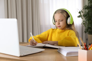 Cute little girl with modern laptop studying online at home. E-learning