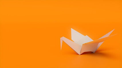 White Origami Bird on Orange Background with Copy Space. Contemporary Design with Folded Paper Bird.