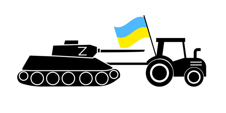 A Ukrainian tractor pulls a Russian tank. Ukraine war poster. Ukrainian-russian military crisis. Vector illustration. stock image. 