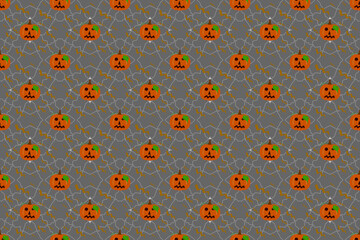 Halloween pumpkin pattern seamless wallpaper on gray background with lightning pattern.