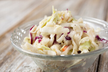 A view of a bowl of coleslaw.
