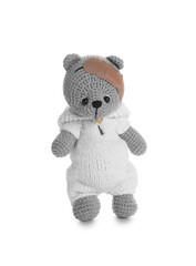 Cute toy bear with sticking plaster isolated on white. Children's hospital