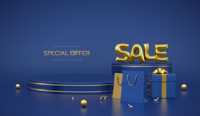 SALE banner. Scene and 3D round platforms with gold circle on blue background. Golden Sale balloon word. Pedestal with gift boxes with gold bow and shopping bags. Realistic vector illustration.