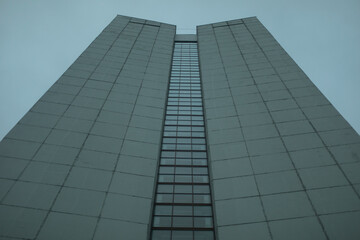 High-rise building on gray day. Architecture details. Surface of wall.