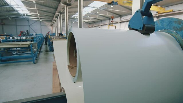 View of details of metal rolls at the factory's stockpile. Metalworking, metallic, manufacturing