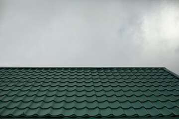 Roof of house against background of gray sky. Green roof tiles.