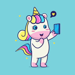 cute unicorn  taking selfie with smartphone,suitable for children's books, birthday cards, valentine's day, stickers, book covers, greeting cards, printing. 