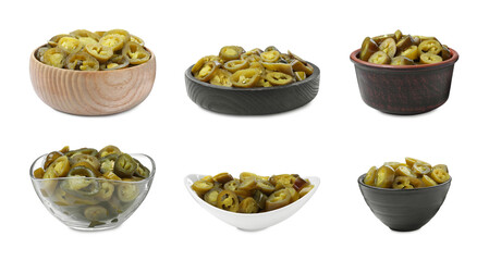 Set with pickled green jalapeno peppers on white background