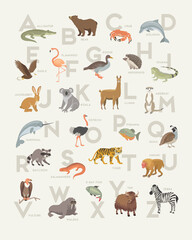 Modern animal alphabet poster design. Soft colors for wall art, prints, decor. Vector Illustration. - 497402063