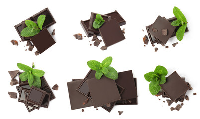 Set with tasty dark chocolate and mint on white background, top view