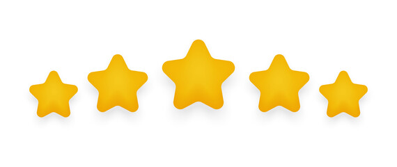 Star rating 5 reviews. Five stars yellow in cartoon style isolated on white background. Vector illustration.