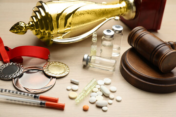 Composition with drugs on wooden table. Doping control