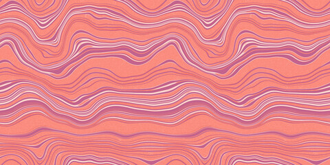 Seamless wavy marble stripes on fiberous paper texture in peony pink and orange coral, a trendy contemporary tileable textile surface pattern design backdrop.