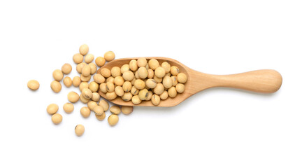 Flat lay of Soybeans in wooden scoop isolated on white background.