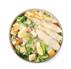 Delicious Caesar salad in bowl isolated on white, top view