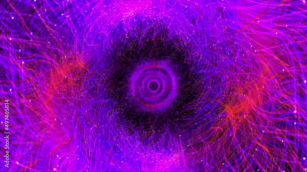 Poster endless flight through hypnotic blue red purple mesh neon lights grid net cyber wire frame tunnel. 4