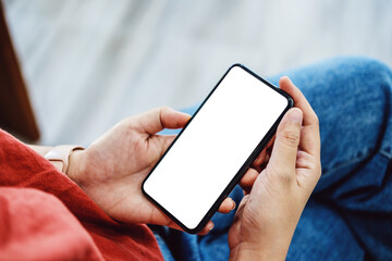 Editing, Advertising Media, Creative Work, Close up woman hand holding white phone on blank screen clipping path.