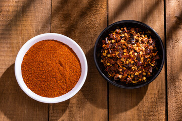 Crushed red chillies and paprika powder. dried red pepper
