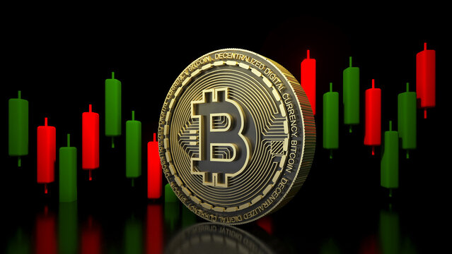 3D Render Golden Bitcoin for Cryptocurrency and Candle stick background for Future business world of economy