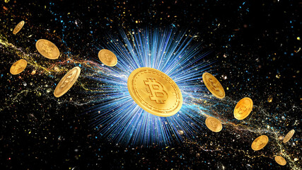 Gold coin Bitcoin levitates on a Galaxy background.3d rendering
