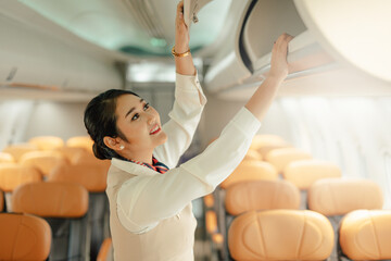 Cabin crew or air hostess working in airplane. Airline transportation and tourism concept.
