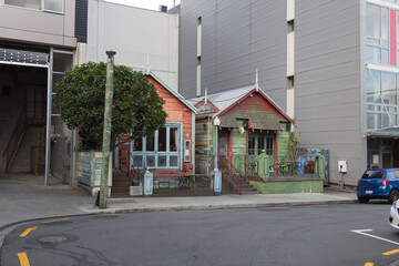 Fototapeta na wymiar Exterior of Havana Club Bar and Restaurant, old buildings on Cuba street in Wellington, New Zealand.
