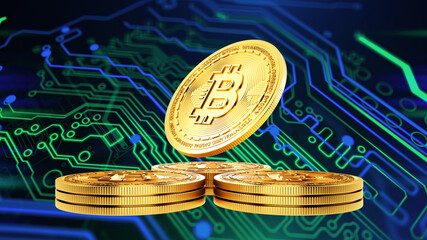 Gold Bitcoin coins flying on a digital background.3d rendering