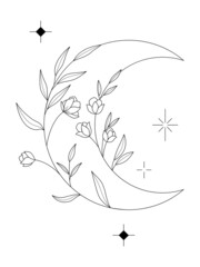 Floral and moon hand drawn style. Floral black and white frame of twigs, leaves and flowers. Frames for the Valentine's day, wedding decor, logo and identity template.