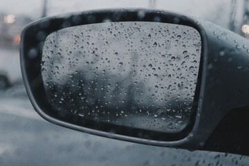 Close up image of rain on a side view mirror of a car.