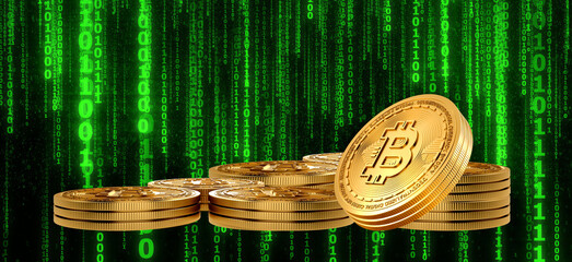 Bitcoin Crypto currency Gold on a digital background.3d rendering