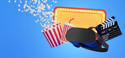 3d render of vr with cinema time on blue background.
