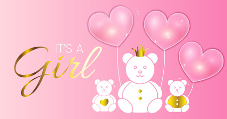 Baby Shower Invitation Design. Pink It's a Girl Vector Illustration with Gold Bears and Heart Balloons