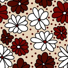 Hand drawn seamless floral pattern with burgundy marsala flowers on neutral beige background. Elegant red black white leaves petals blossom for textile wrapping paper. Summer fall autumn wedding