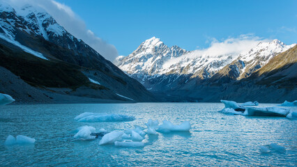 Icebergs floating on the Hooker Lake under magnificent Mt Cook, New Zealand.