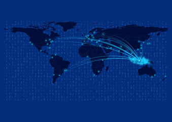 Indonesia map for technology or innovation or export concepts.  Connections of the country to major cities around the world. File is suitable for digital editing and prints of all sizes.