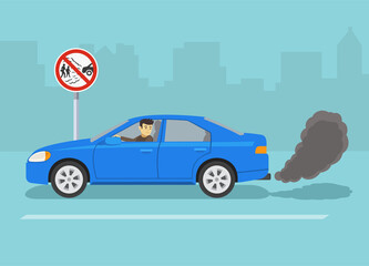 Prevent your vehicle from blowing smoke at others. "No idling, turn engine off" traffic sign. Isolated view of a car with black smoke from the exhaust on road. Flat vector illustration template.