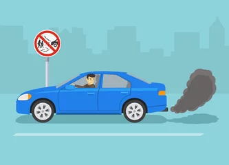 Foto op Plexiglas Prevent your vehicle from blowing smoke at others. "No idling, turn engine off" traffic sign. Isolated view of a car with black smoke from the exhaust on road. Flat vector illustration template. © flatvectors