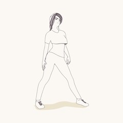 Standing woman. Sport girl illustration. Casual sportwear - t-shirt, breeches and sneakers. Young woman wearing workout clothes. Sport fashion girl outline in urban casual style.