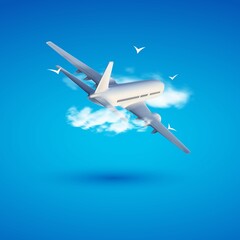 Naklejka na ściany i meble 3d airplane. Travel and tourism background. Buying or booking online tickets. Travel, Business flights worldwide. 3d realistic vector illustration.