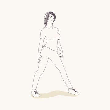 Standing woman. Sport girl illustration. Casual sportwear - t-shirt, breeches and sneakers. Young woman wearing workout clothes. Sport fashion girl outline in urban casual style. © JEGAS RA