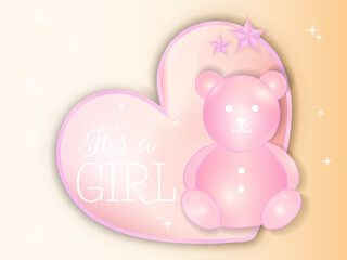 Fototapeta na wymiar It's a Girl Baby Shower Vector Illustration with Pink Bear and Orange Background