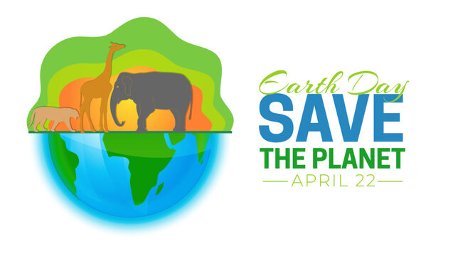 Earth Day Save the Planet Isolated Vector Illustration with Globe and African Animals. Lion, Giraffe, Elephant Design