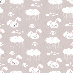 Seamless Pattern of Cute bunny, baby and children concept. Happy easter rabbits different poses cartoon characters. Bunny with floral leafs. Design for baby, kids poster, card, invitaton. Vector