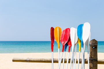 Colorful oars with beach background, water sport, holiday activity at the beach, summer outdoor day...