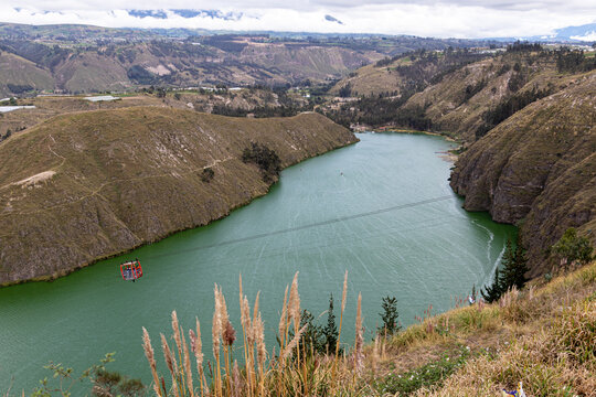 Aerial view of the lake Yambo which is located near the city of Salcedo in the province of Cotopaxi, central Ecuadorian highlands. Ecuador