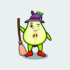 Cute cartoon witch shaped pear fruit character with hat and broomstick
