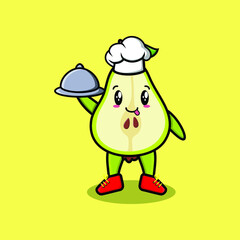 Cute Cartoon chef pear fruit mascot character serving food on tray cute style design